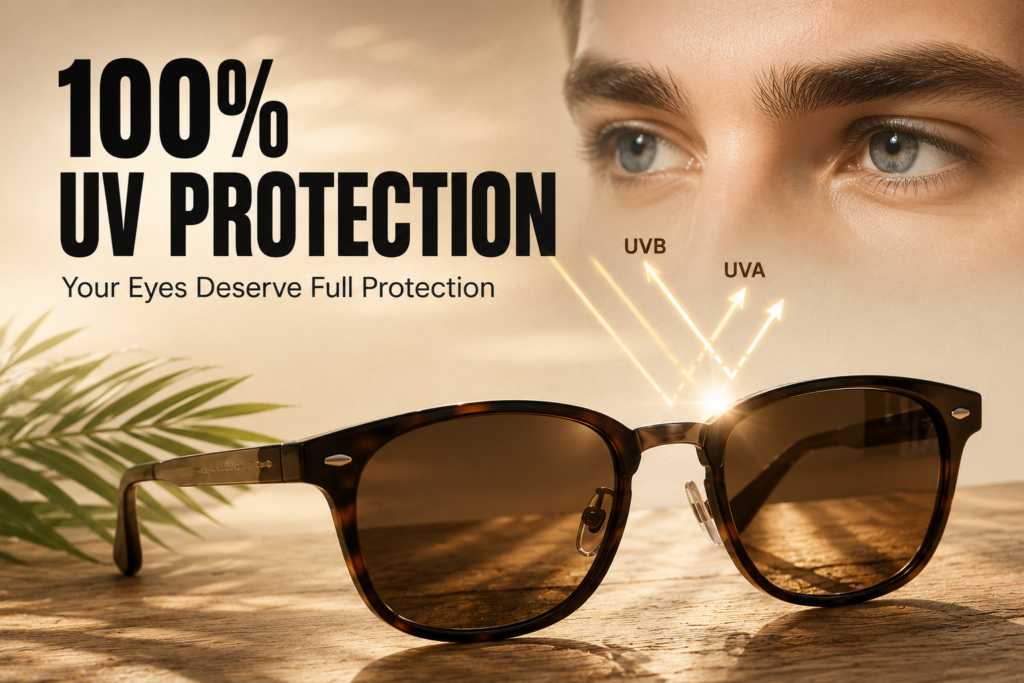 Premium sunglasses blocking harmful UV rays to protect the eyes from UVA and UVB radiation in bright sunlight.