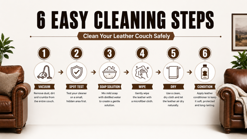 Step-by-step infographic showing six easy steps to clean a leather couch, including vacuuming, spot testing, using a soap solution, wiping, drying, and conditioning.