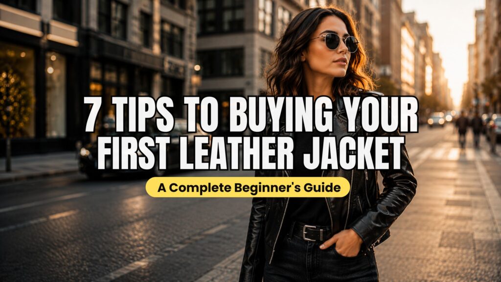 Stylish woman wearing a premium black leather jacket on a city street for a complete guide to buying your first leather jacket.
