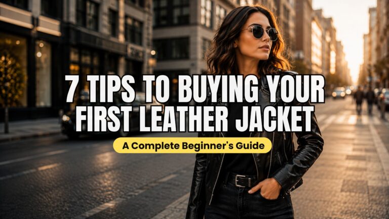 Stylish woman wearing a premium black leather jacket on a city street for a complete guide to buying your first leather jacket.