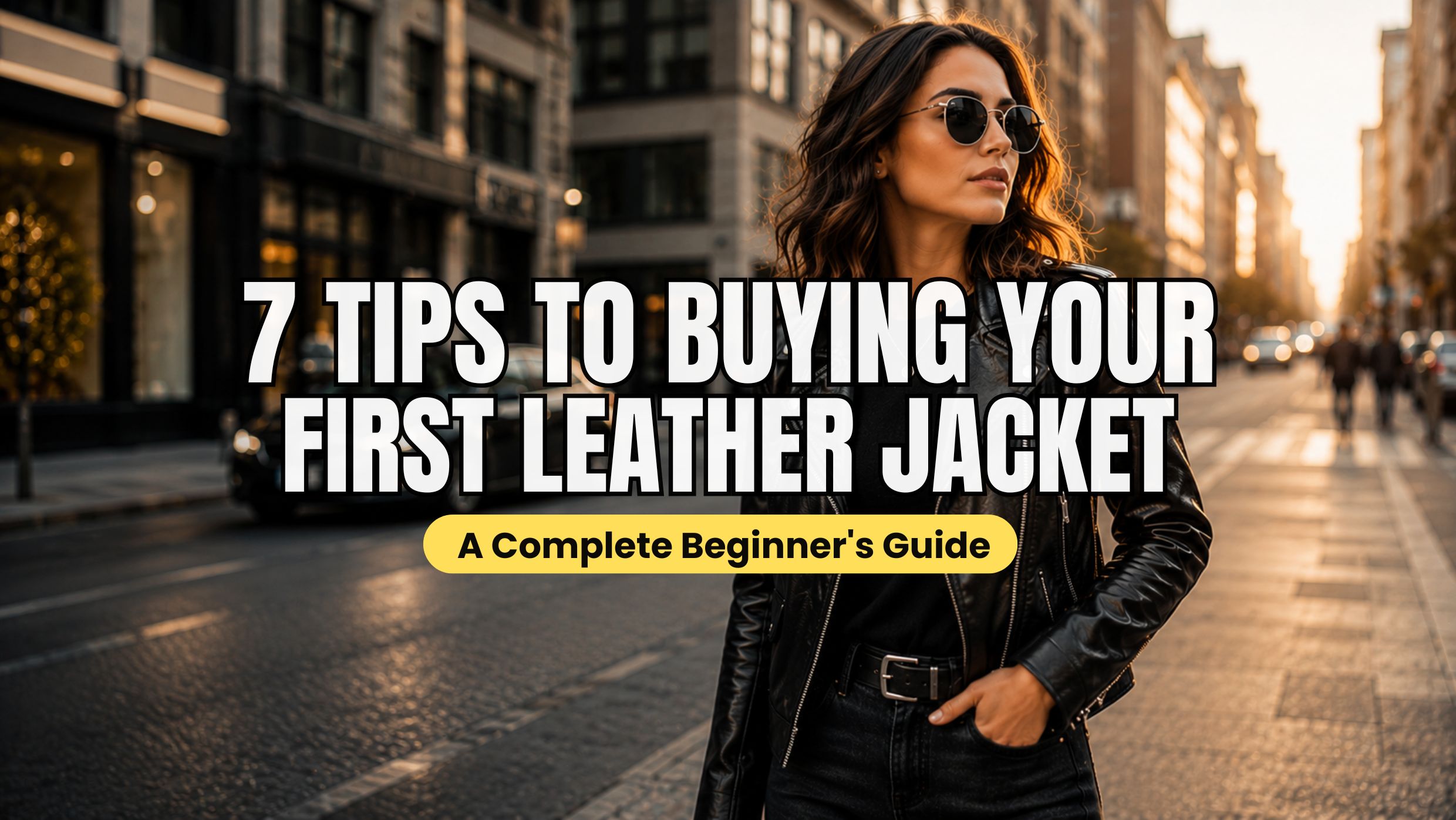 Stylish woman wearing a premium black leather jacket on a city street for a complete guide to buying your first leather jacket.