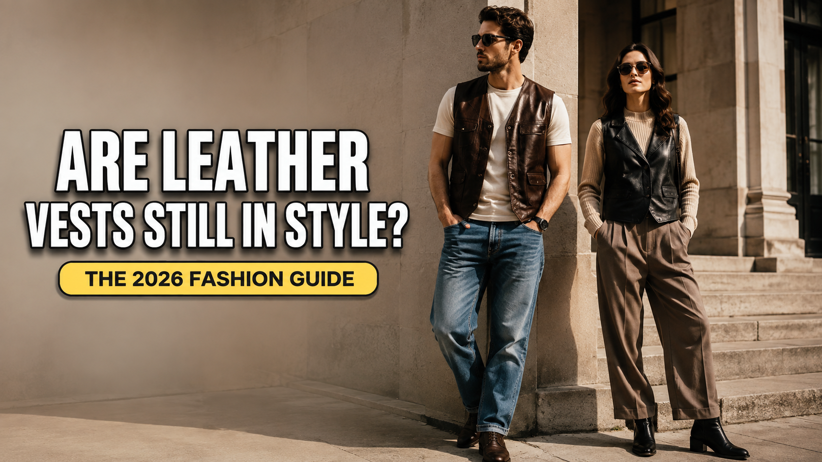 Stylish man and woman wearing modern brown and black leather vests in 2026