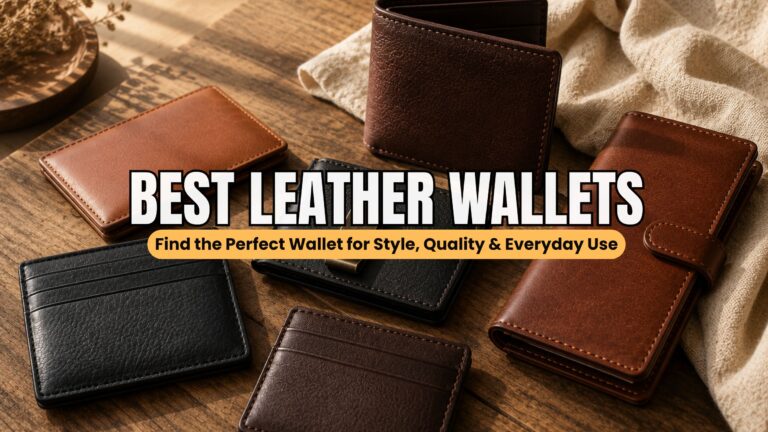 Luxury leather wallets including bifold, minimalist card holder, money clip, and travel wallet arranged on a wooden table with beige linen background.