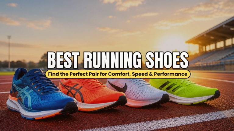 Colorful premium running shoes on a running track at sunrise, showcasing the best running shoes for comfort, speed, and performance.