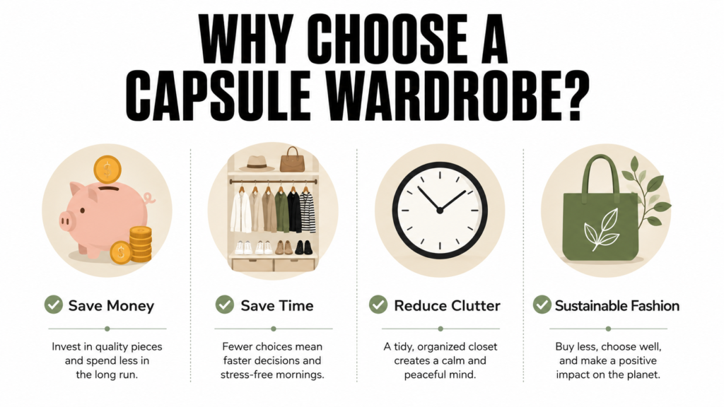 Infographic illustrating the main benefits of a capsule wardrobe, including saving money, saving time, reducing clutter, and supporting sustainable fashion.