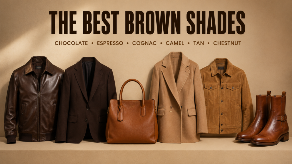 Six popular brown fashion shades for 2026 including chocolate, espresso, cognac, camel, tan, and chestnut displayed with premium leather, suede, and wool fashion pieces.