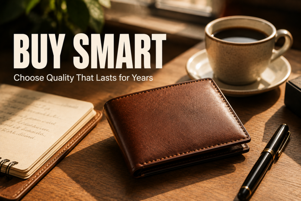 Premium brown leather wallet on a wooden desk beside a notebook, pen, and coffee cup with warm morning sunlight creating a luxury workspace.