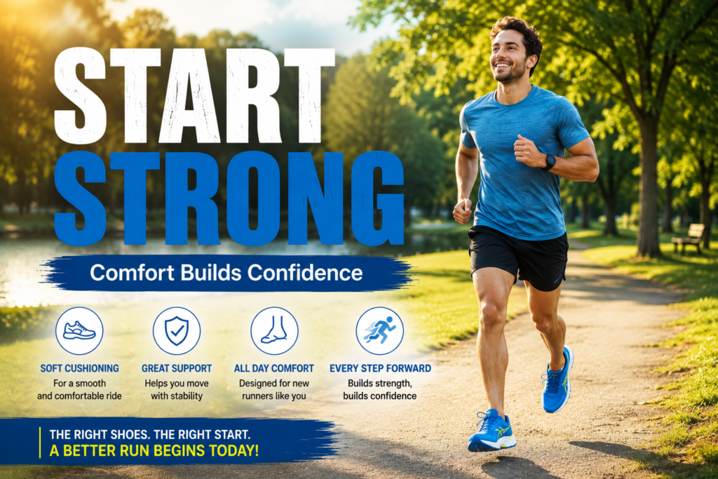 Beginner runner jogging through a sunny park wearing bright blue running shoes, highlighting the best running shoes for beginners and comfortable daily running.
