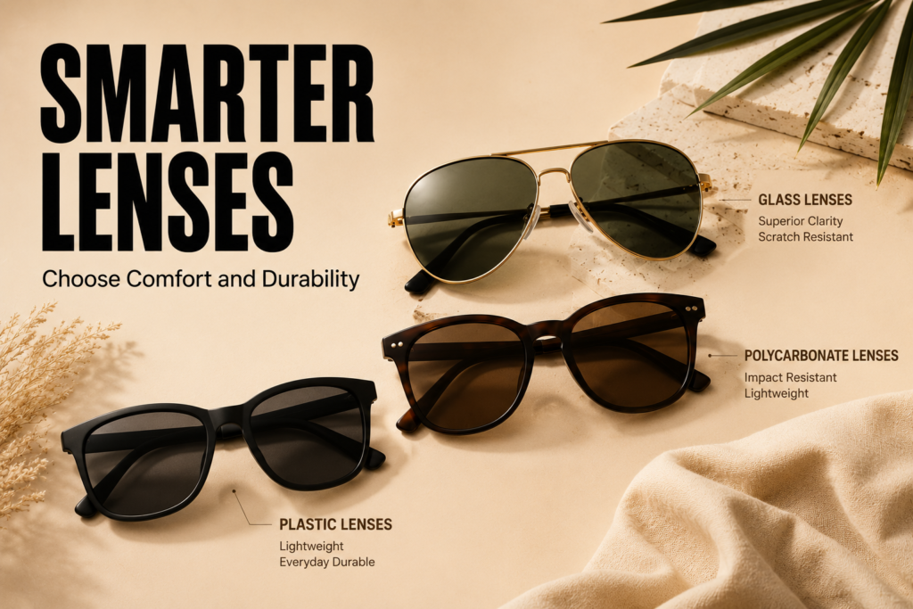 Three premium sunglasses representing glass, polycarbonate, and lightweight plastic lens materials on a beige background.