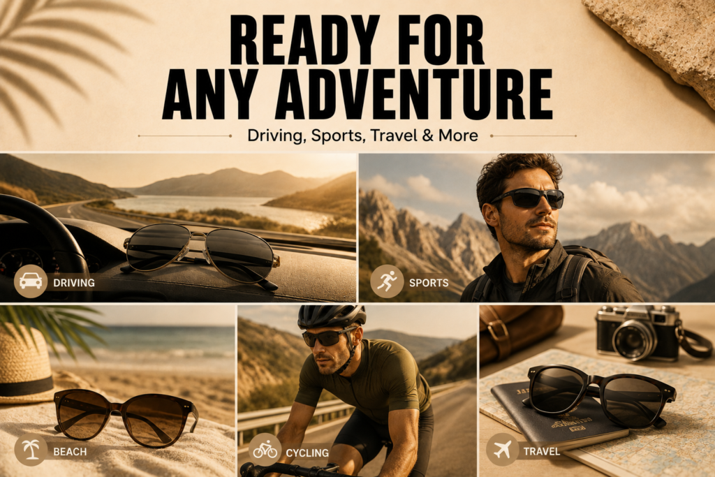 Lifestyle collage showing sunglasses for driving, hiking, cycling, beach vacations, sports, and travel in different outdoor environments.
