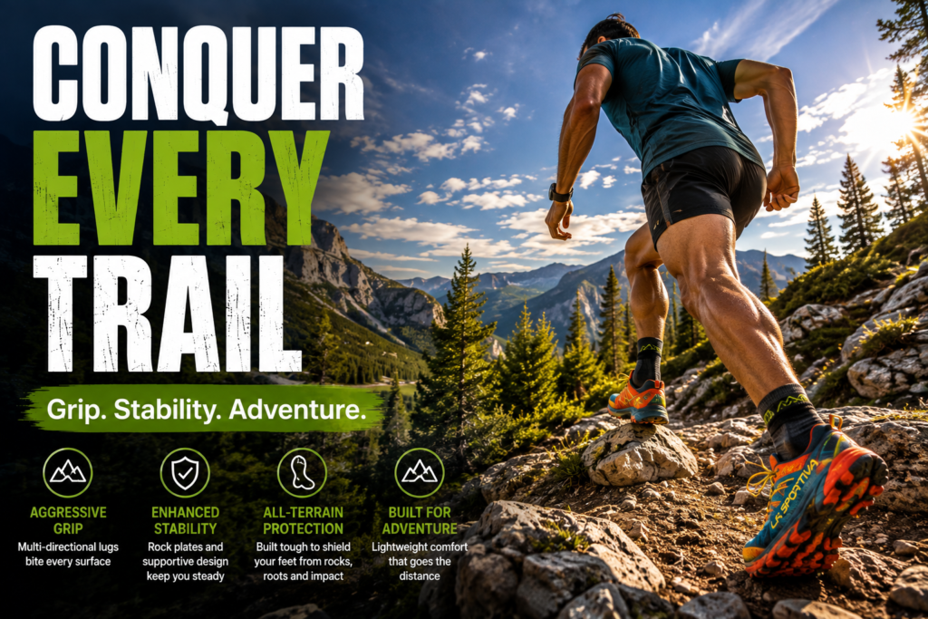 Trail runner climbing rocky mountain terrain wearing colorful trail running shoes designed for grip, stability, and outdoor adventure.