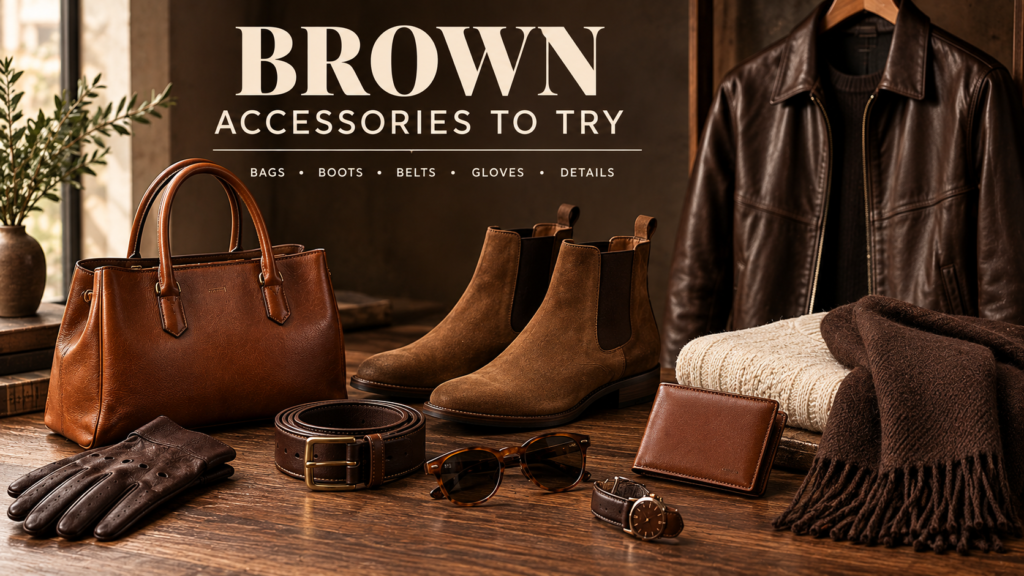 Brown fashion accessories including a cognac handbag, leather belt, gloves, suede boots, sunglasses, wallet, watch, scarf, and leather jacket.