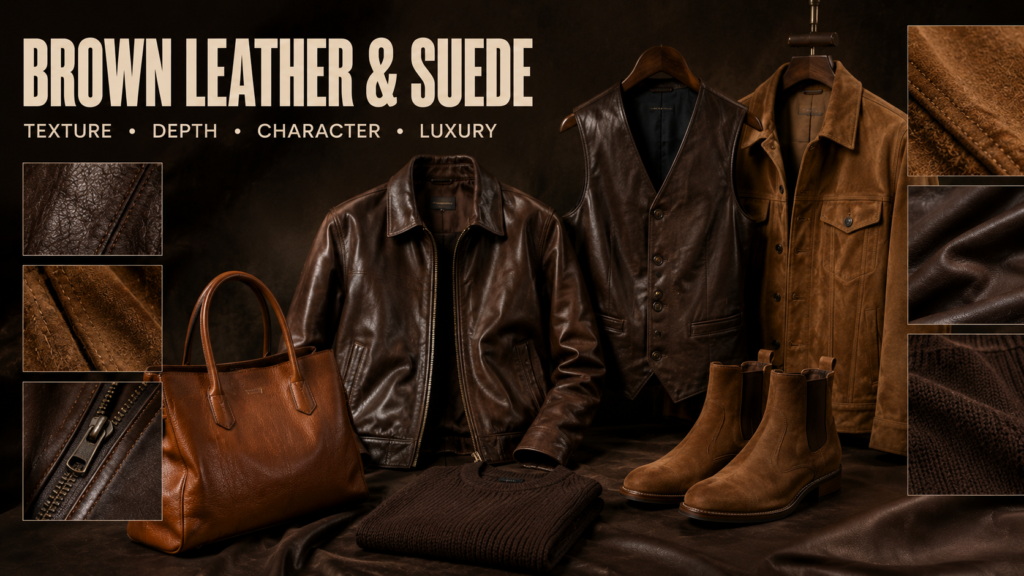 Brown leather and suede fashion pieces including leather jackets, a leather vest, cognac handbag, suede boots, and chocolate knitwear showcasing rich textures for 2026.