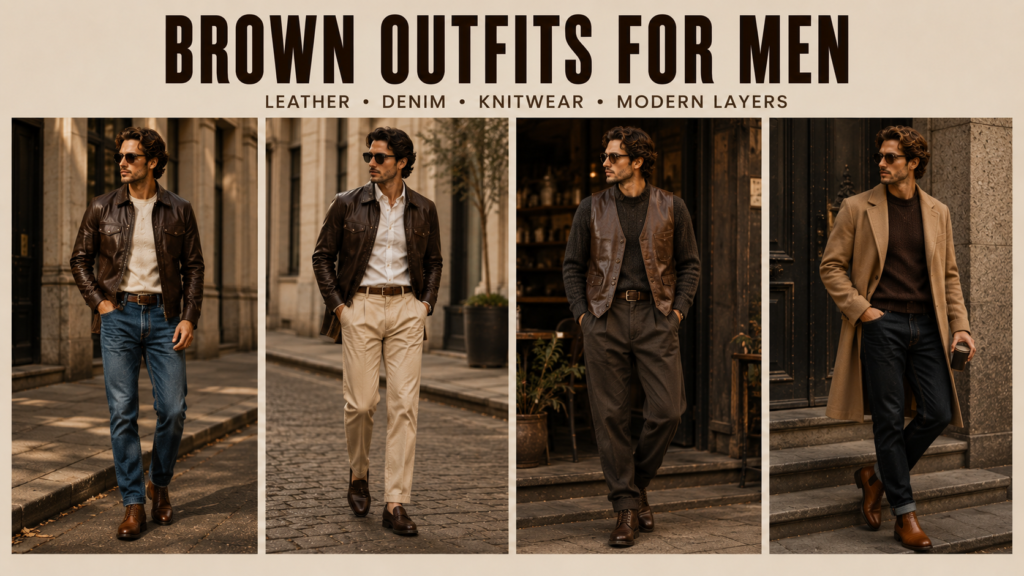 Brown outfits for men in 2026 featuring leather jackets, leather vests, denim, knitwear, chinos, camel coats, and modern layered styling.