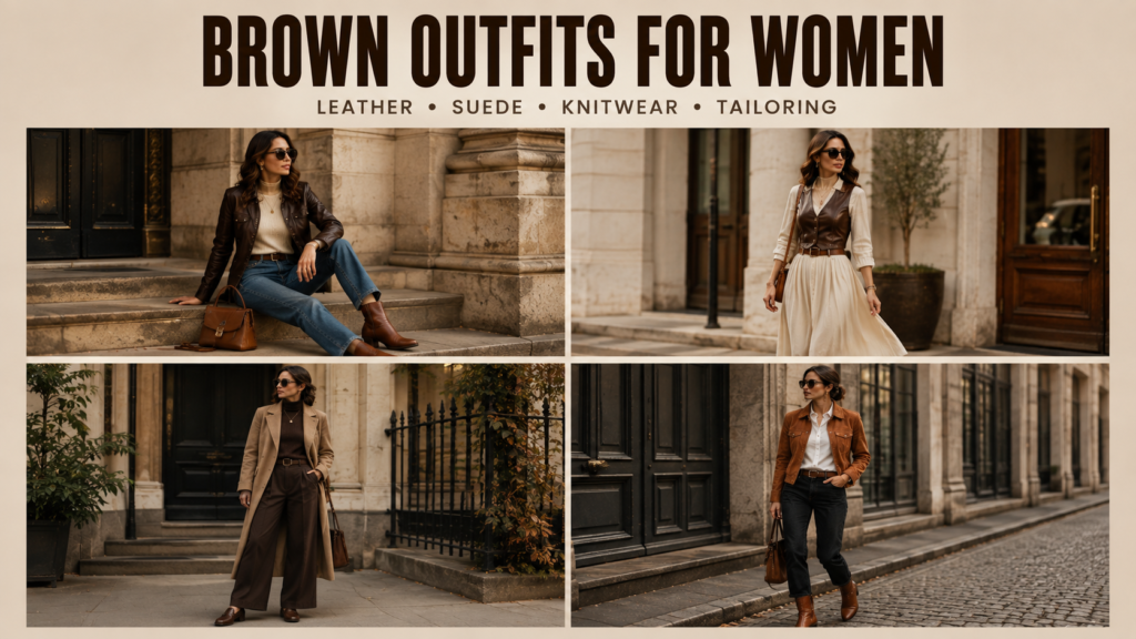 Brown outfits for women in 2026 featuring leather jackets, leather vests, suede layers, knitwear, denim, tailored clothing, and neutral tones.