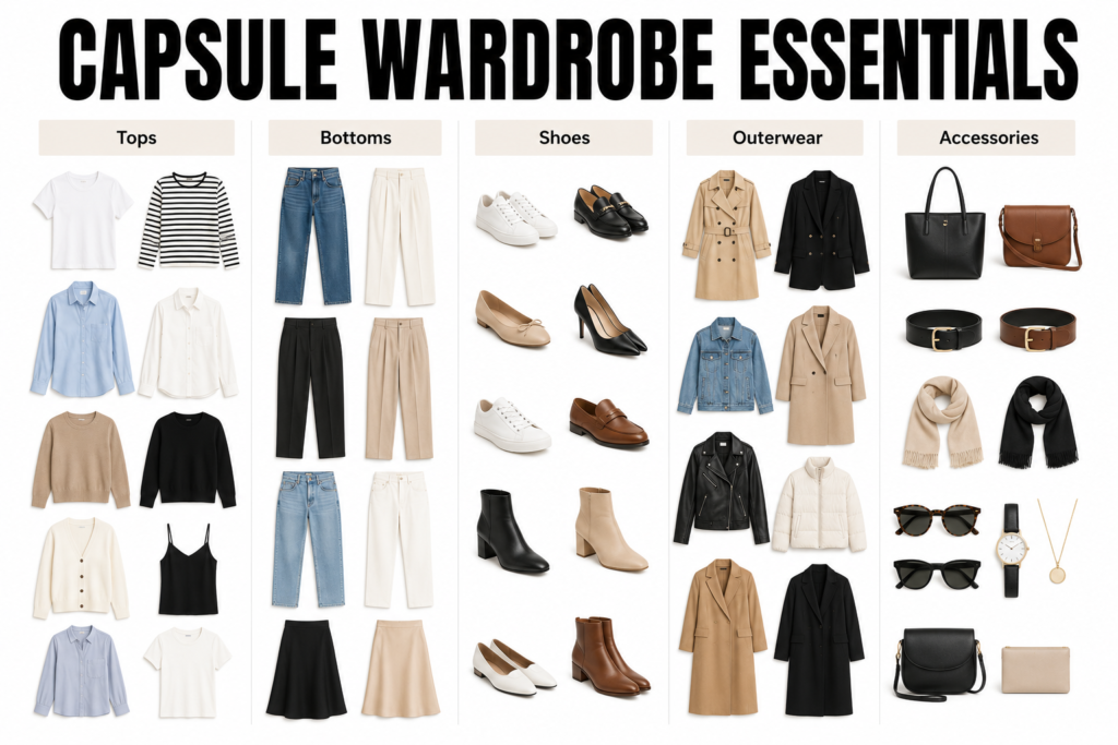 Infographic showing capsule wardrobe essentials organized into tops, bottoms, shoes, outerwear, and accessories for a versatile wardrobe.