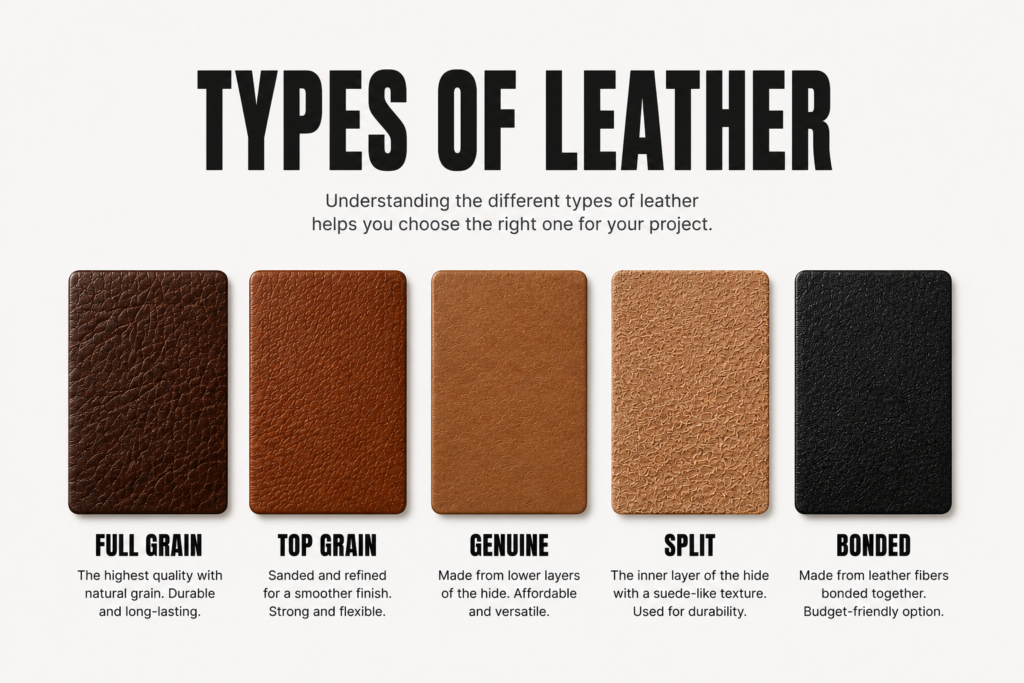 Comparison of full grain, top grain, genuine, split, and bonded leather samples displayed side by side.