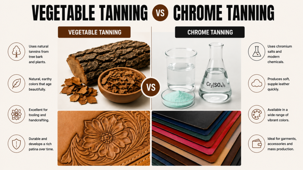 Side-by-side comparison of vegetable-tanned leather and chrome-tanned leather, highlighting their tanning methods, characteristics, and common uses.