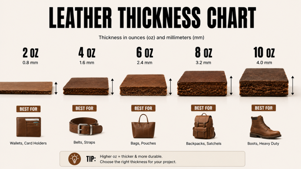 Leather thickness chart comparing 2 oz, 4 oz, 6 oz, 8 oz, and 10 oz leather with thickness in millimeters and common project uses.