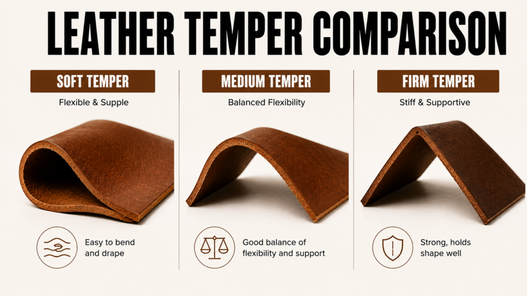 Comparison of soft, medium, and firm leather temper showing flexibility, stiffness, and common applications.