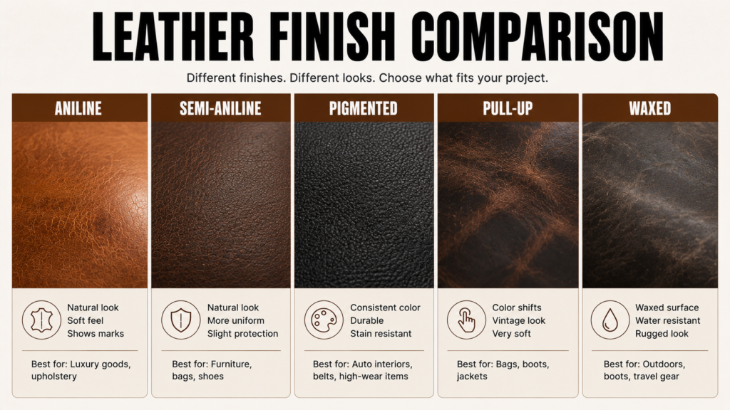 Comparison of aniline, semi-aniline, pigmented, pull-up, and waxed leather finishes with close-up texture samples.