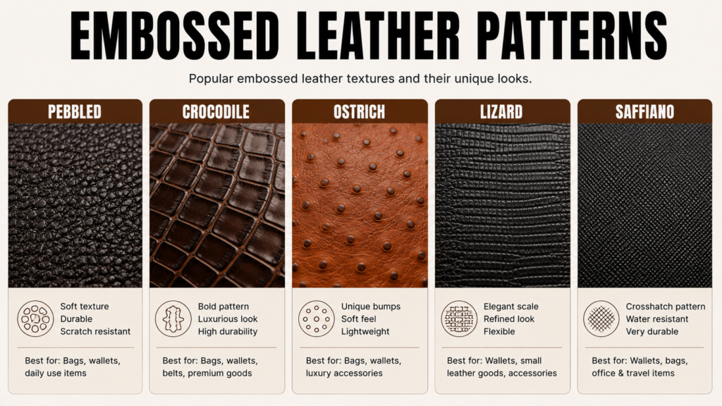Comparison of popular embossed leather patterns including pebbled, crocodile, ostrich, lizard, and Saffiano leather textures.