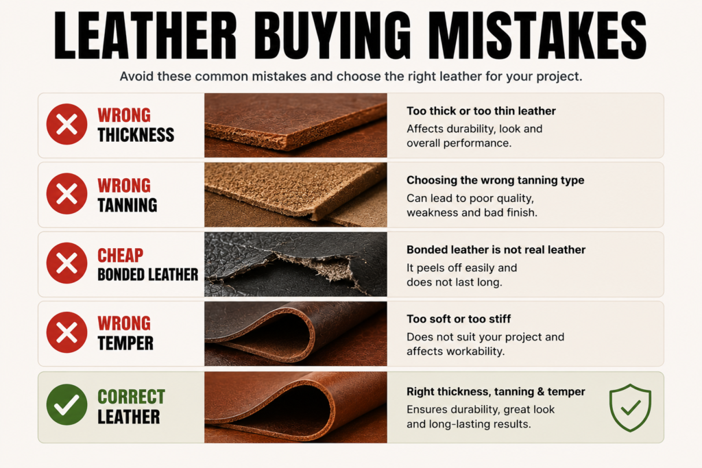 Checklist showing common leather buying mistakes, including wrong thickness, wrong tanning, bonded leather, and incorrect leather temper