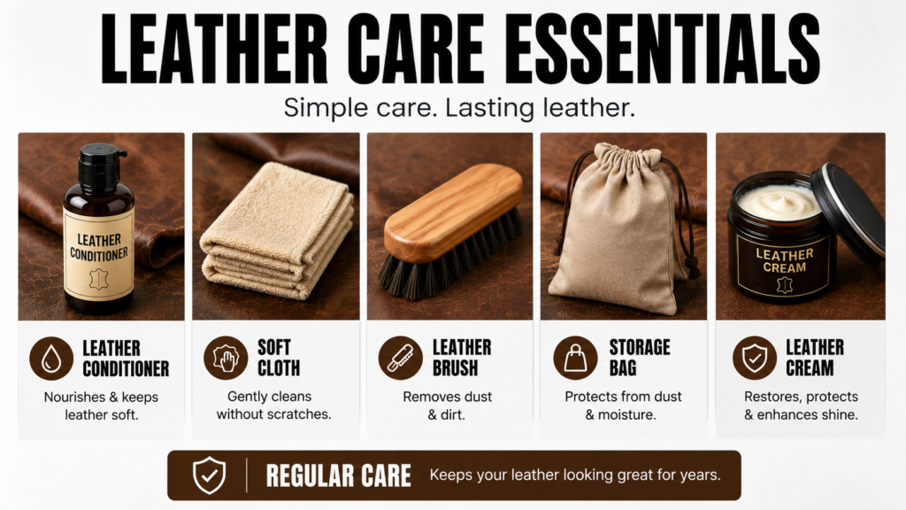 Leather care essentials including leather conditioner, soft cloth, leather brush, storage bag, and leather cream for maintaining genuine leather.