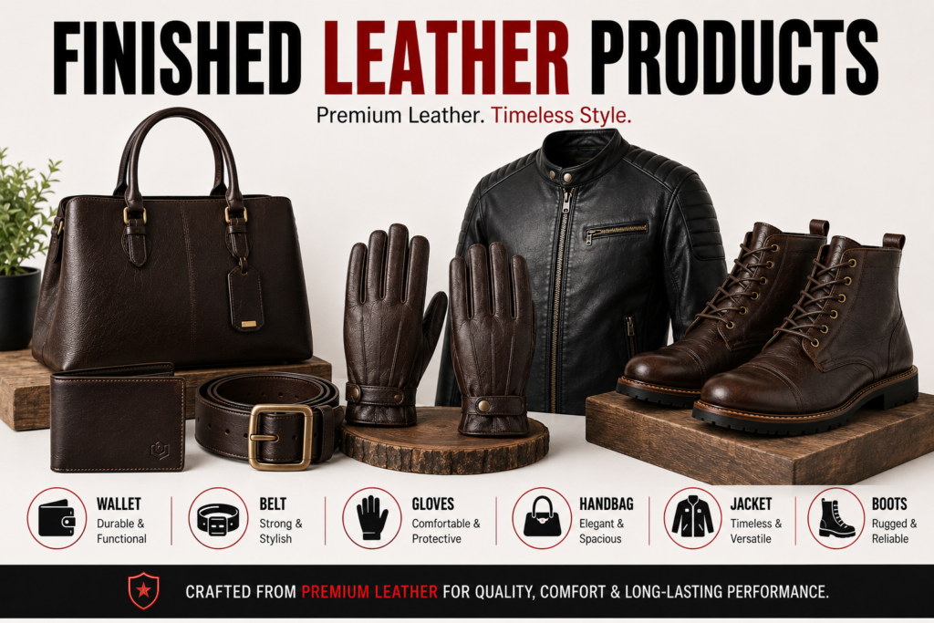 Premium leather products including a wallet, belt, five-finger leather gloves, handbag, leather jacket, and boots made from high-quality genuine leather.