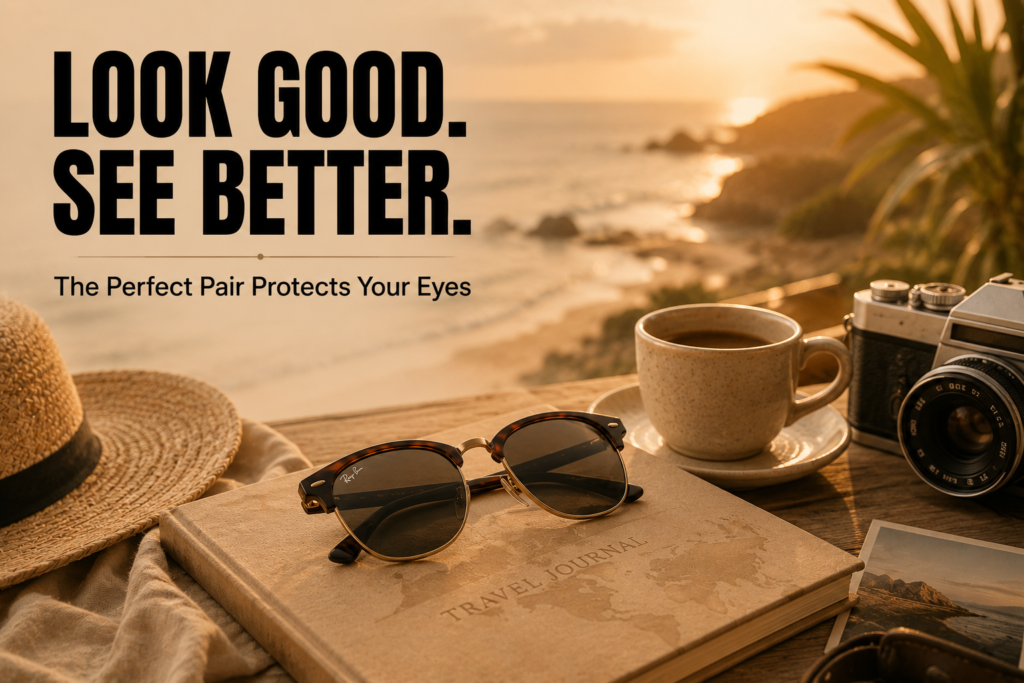 Stylish sunglasses resting on a travel journal beside a camera, coffee cup, and sun hat overlooking a beach at sunrise.
