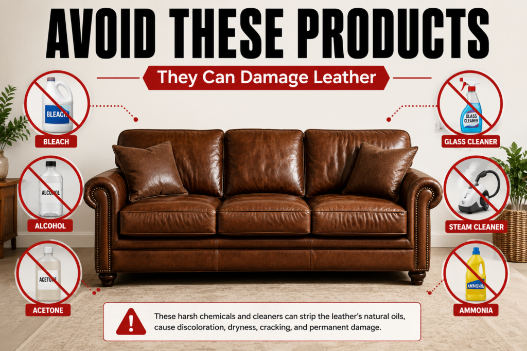 Infographic showing harmful cleaning products to avoid on a leather couch, including bleach, alcohol, acetone, glass cleaner, steam cleaner, and ammonia.