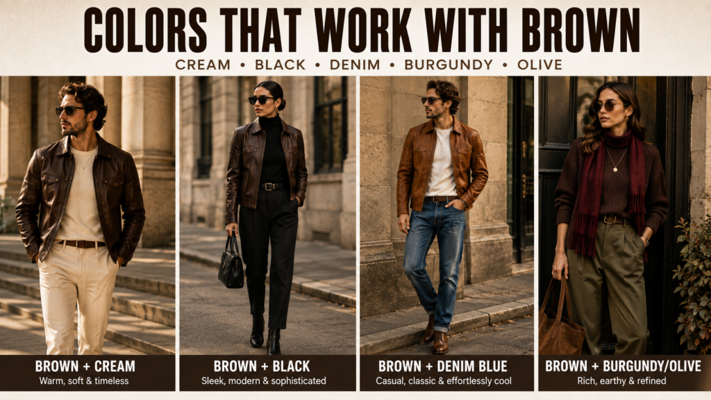 Brown outfit color combinations for 2026 featuring chocolate brown paired with cream, black, denim blue, burgundy, and olive in stylish fashion looks.