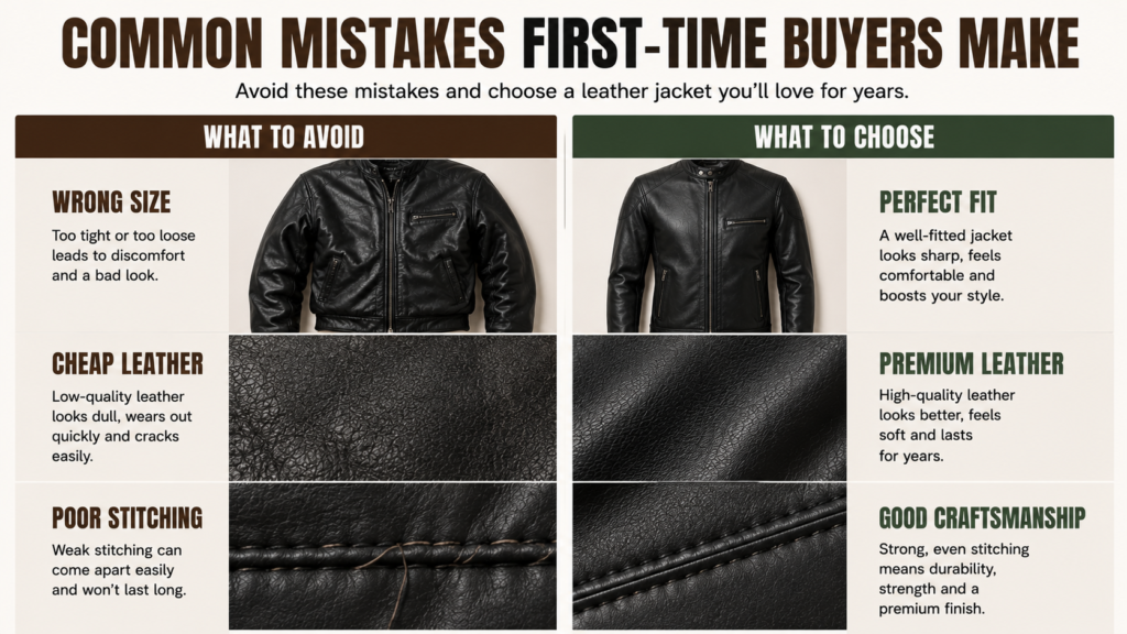 Split-screen comparison showing common leather jacket buying mistakes versus the right choices, including fit, leather quality, and craftsmanship.
