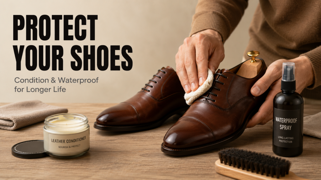 Hands applying leather conditioner to brown leather shoes with a waterproof spray and shoe care products on a wooden table.