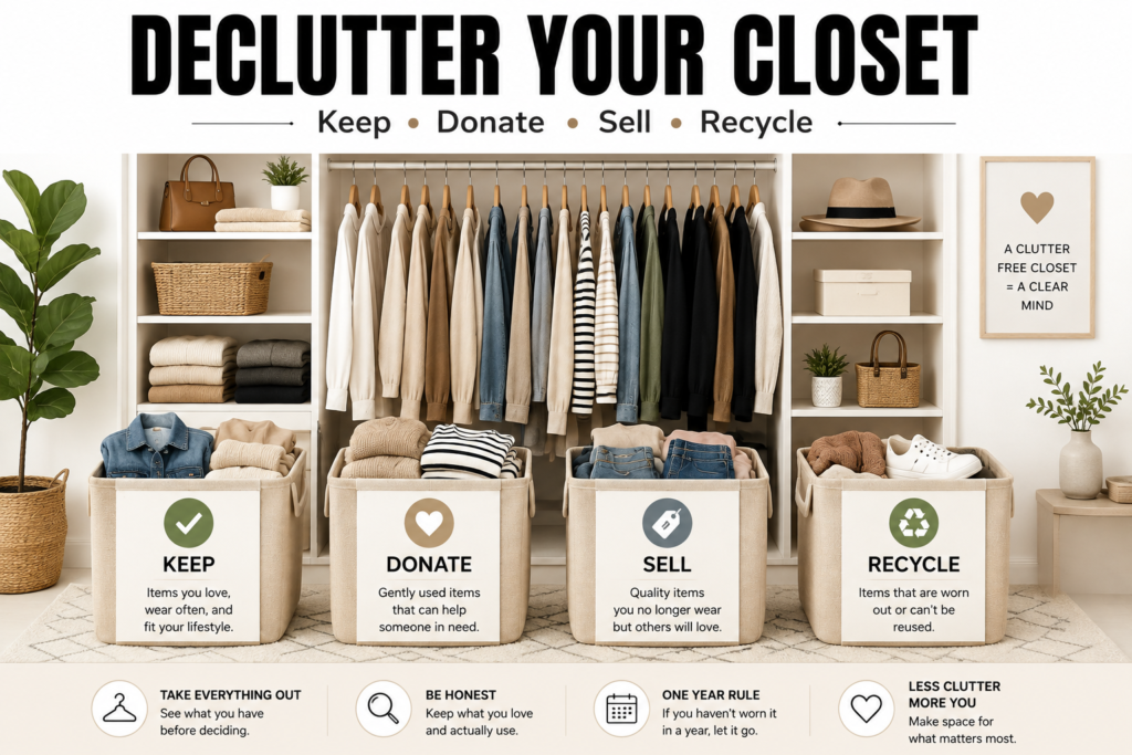 Organized closet with clothing sorted into Keep, Donate, Sell, and Recycle baskets for building a capsule wardrobe.