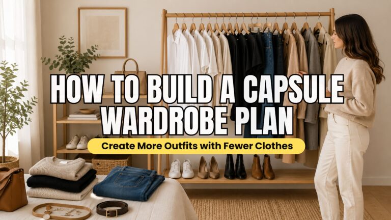 Woman organizing a minimalist capsule wardrobe with neutral clothing, shoes, and accessories on a wooden clothing rack in a modern bedroom.