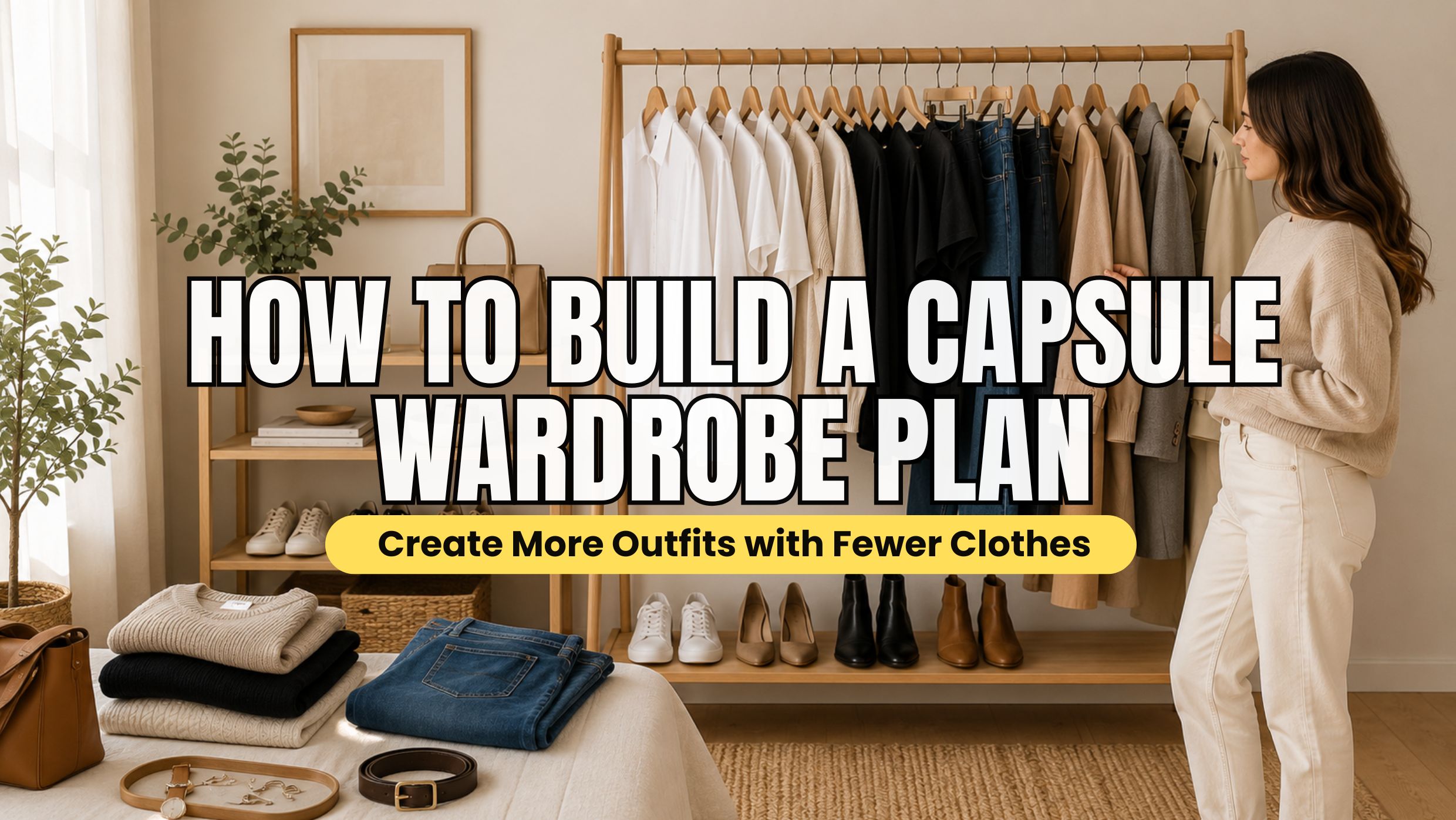 Woman organizing a minimalist capsule wardrobe with neutral clothing, shoes, and accessories on a wooden clothing rack in a modern bedroom.