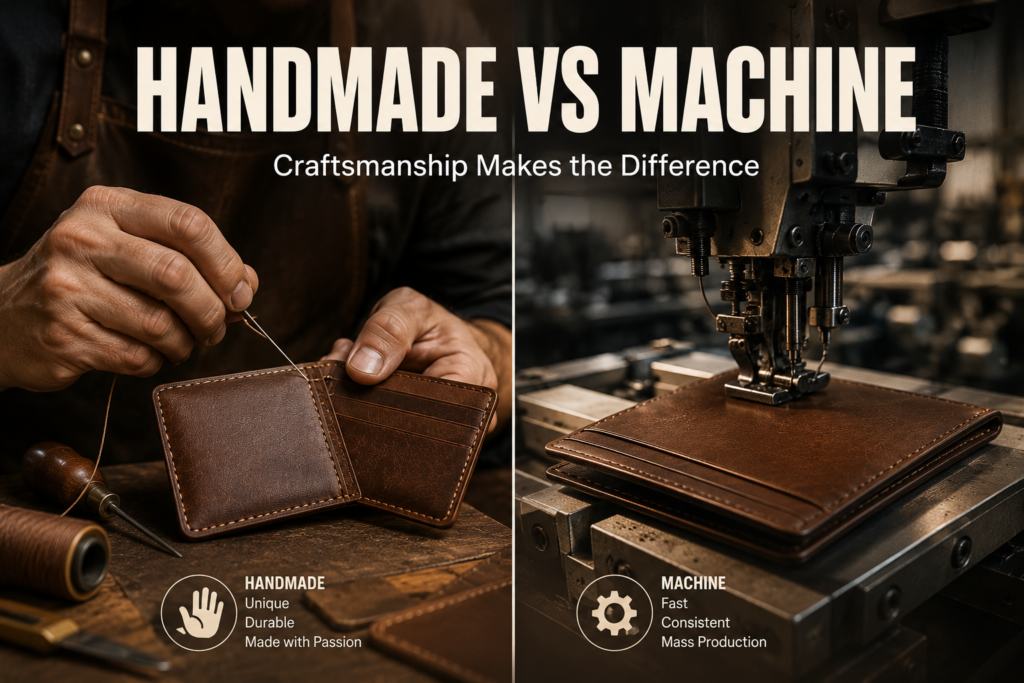 Split comparison showing an artisan hand-stitching a leather wallet beside a modern leather manufacturing machine in a professional workshop.