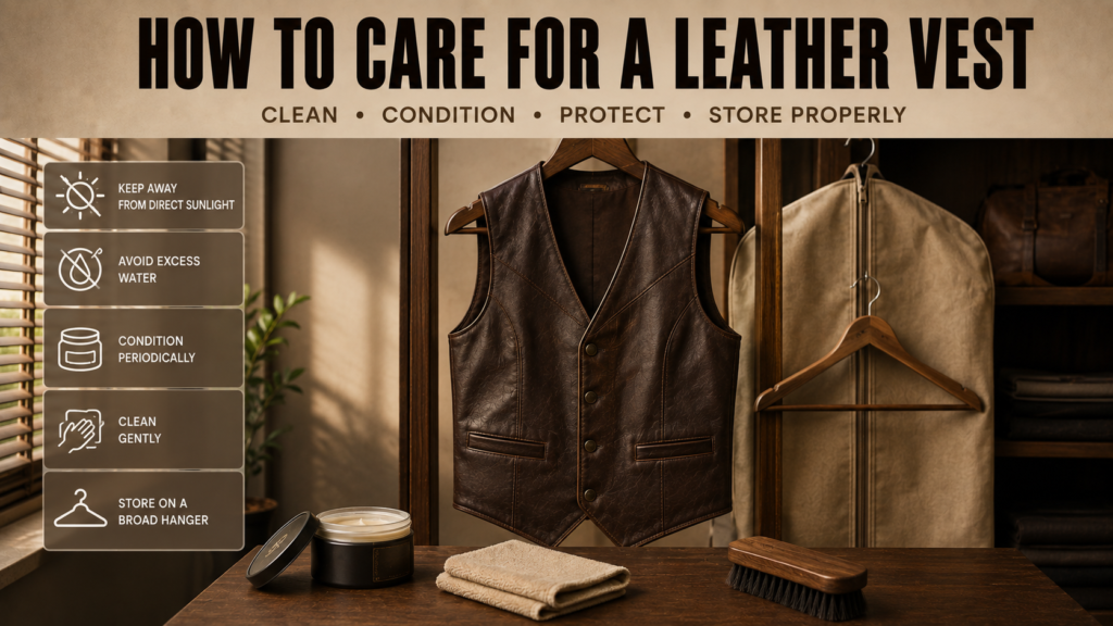 Brown leather vest hanging on a wooden hanger with leather care supplies for cleaning and storage