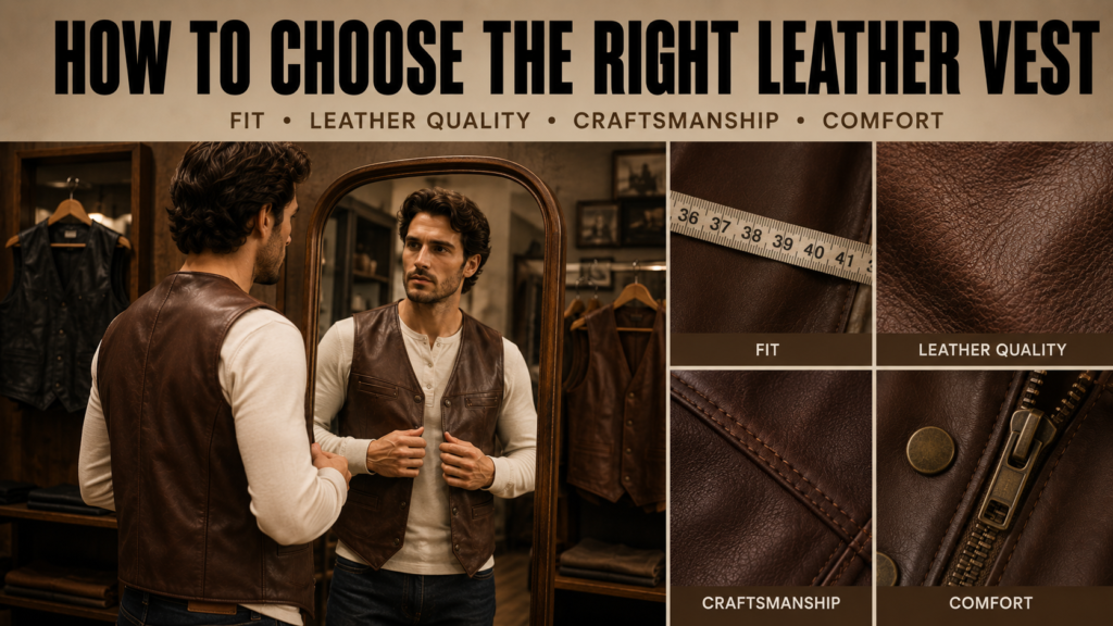 Man choosing a brown leather vest while comparing fit, leather quality, craftsmanship, and comfort