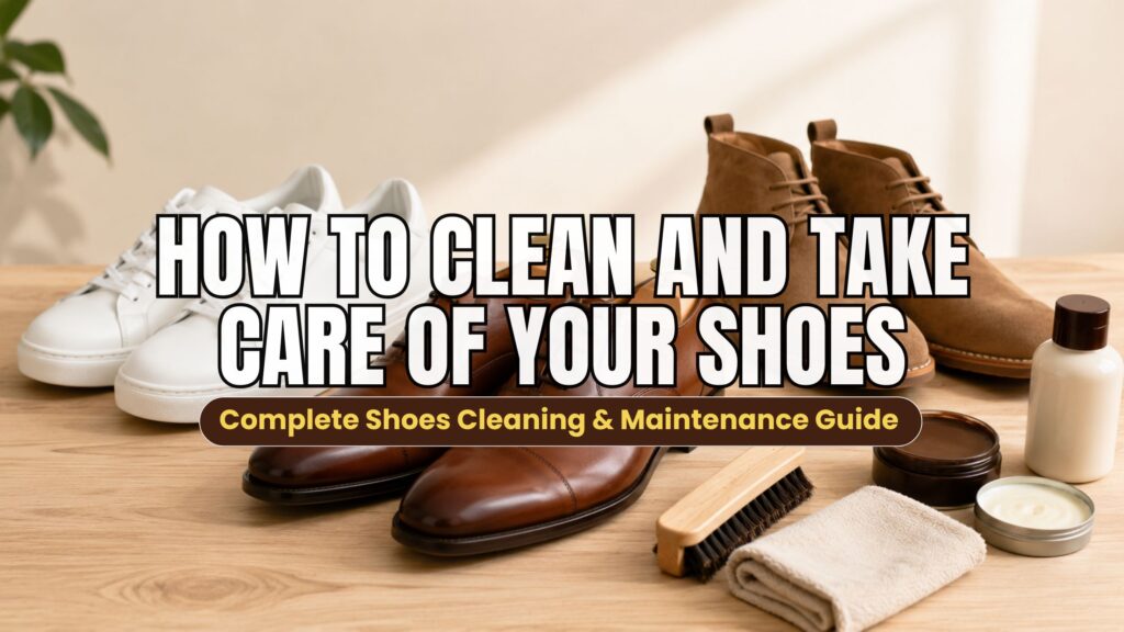 Premium leather shoes, white sneakers, suede boots, and shoe cleaning supplies neatly arranged on a wooden table for a complete shoe care guide.