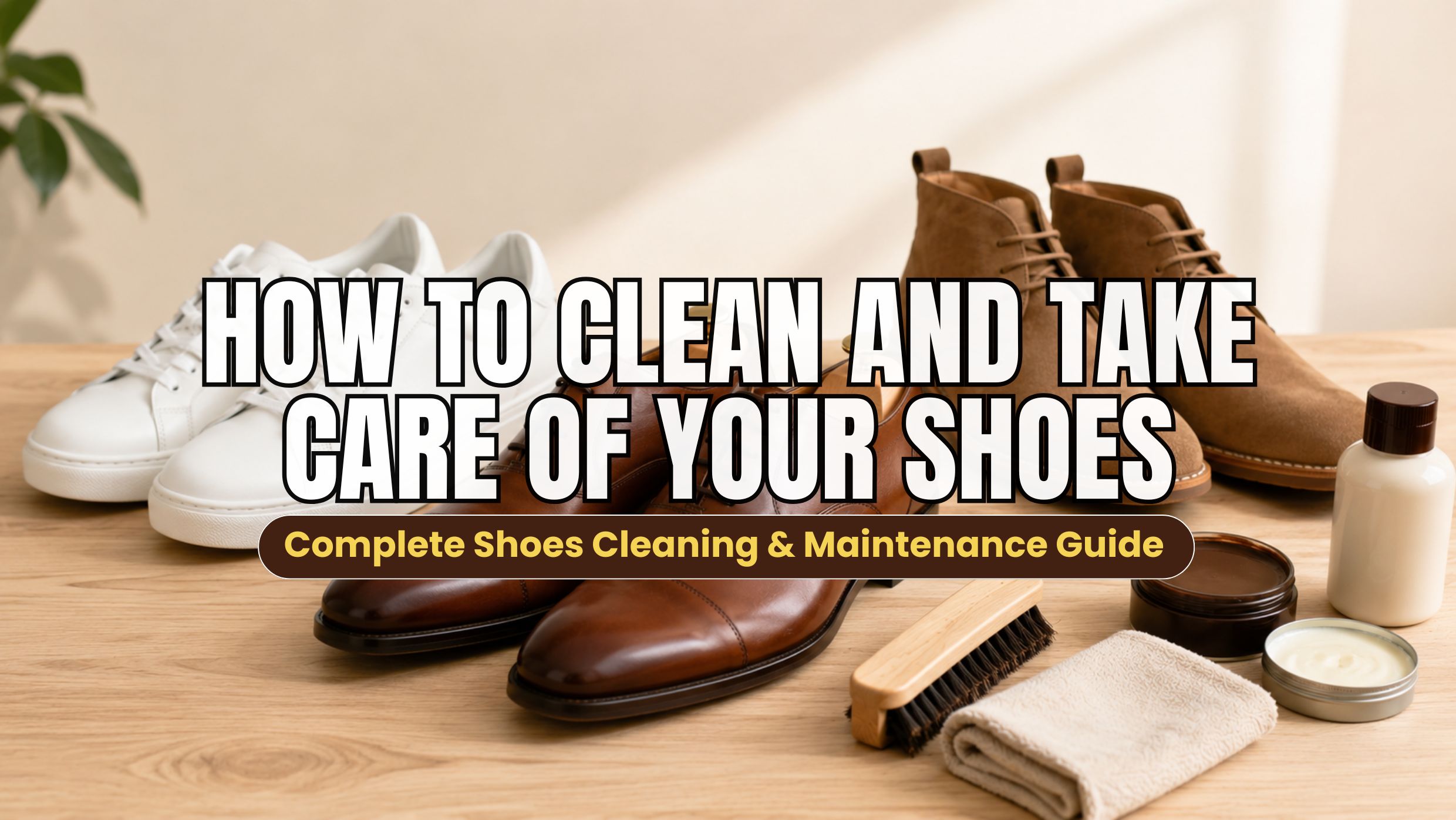 Premium leather shoes, white sneakers, suede boots, and shoe cleaning supplies neatly arranged on a wooden table for a complete shoe care guide.