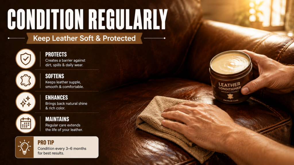 Close-up of hands applying leather conditioner with a microfiber cloth to a brown leather couch to keep the leather soft, protected, and looking new.