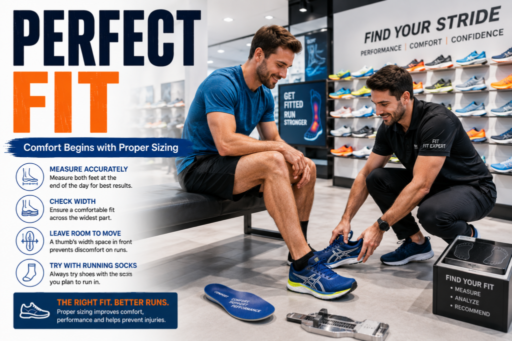 Customer trying on blue running shoes in a modern athletic store with expert fitting assistance and foot measuring tools for the perfect fit.
