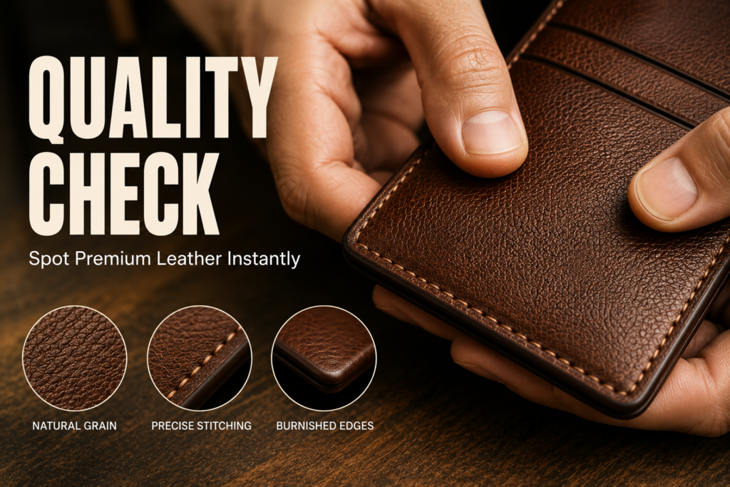 Close-up of artisan hands inspecting a premium leather wallet showing natural grain, precise stitching, and burnished edges under warm lighting.
