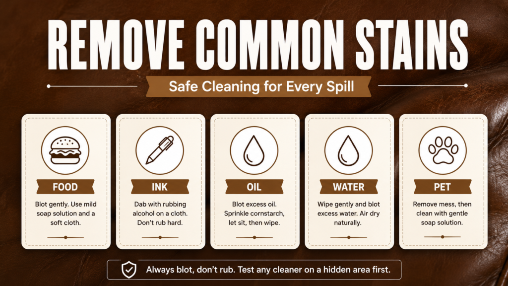 Infographic showing how to remove common leather couch stains, including food, ink, oil, water, and pet stains using safe cleaning methods.