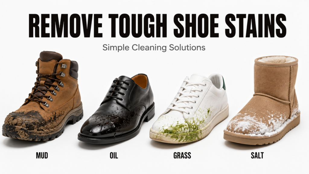 Four shoes showing common stains including mud, oil, grass, and salt on a clean white background for a shoe stain removal guide.
