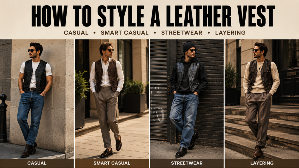 Four leather vest outfit ideas for casual, smart casual, streetwear, and layered looks