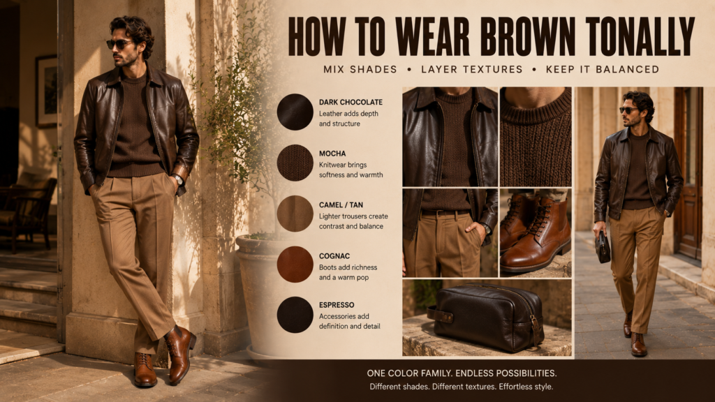Monochromatic brown outfit for 2026 featuring a dark chocolate leather jacket, mocha knit sweater, camel trousers, cognac boots, and an espresso-brown accessory.