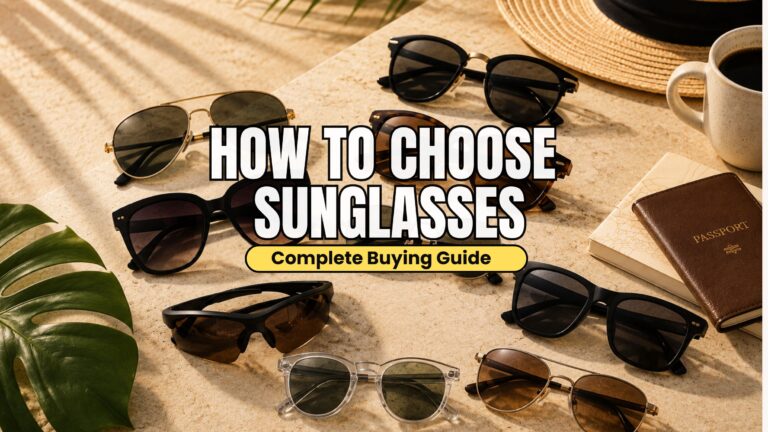 Premium collection of stylish sunglasses displayed on a beige tabletop with a straw hat, coffee cup, passport, and tropical leaves in warm natural sunlight.